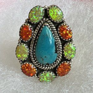 NWOT Southwest Sterling 925 Turquoise Opal Cluster Statement Ring Adjustable